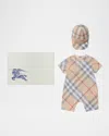 Burberry Boy's Lennie Romper And Hat Set In Pale Stone Ip Check