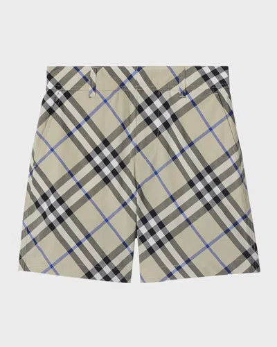 Burberry Kids' Boy's Oscar Check-print Shorts In Lichen Check