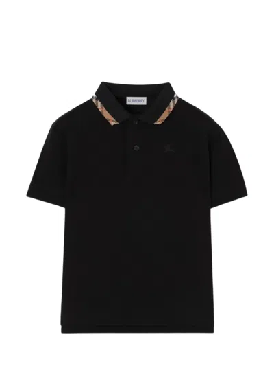 Burberry Boy's Short Sleeve Polo Shirt With Check Trim In Black