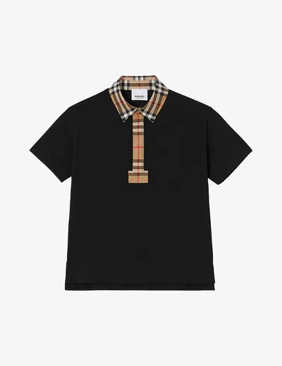 Burberry Kids' Johane Checked-trim Cotton-piqué Polo Shirt 3-14 Y In Black