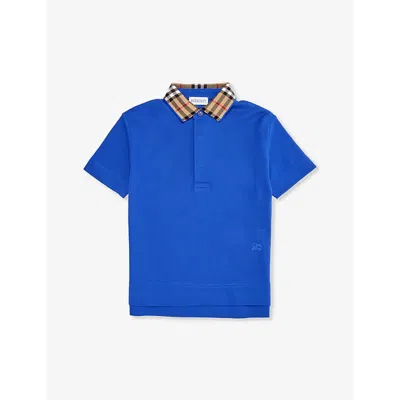 Burberry Kids' Check-collar Brand-embroidered Cotton-piqué Polo Shirt In Knight