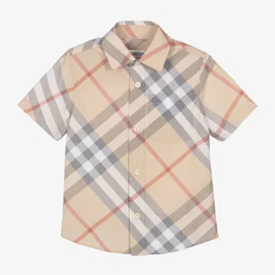 BURBERRY BOYS PALE BEIGE CHECK COTTON SHIRT