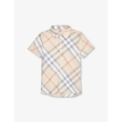 Burberry Boys Pale Stone Ip Check Kids Owen Regular-fit Short-sleeve Checked Cotton-poplin Shirt 3-1