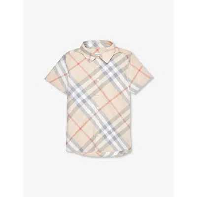 Burberry Kids' Owen Regular-fit Short-sleeve Checked Cotton-poplin Shirt 3-1 In Pale Stone Ip Check