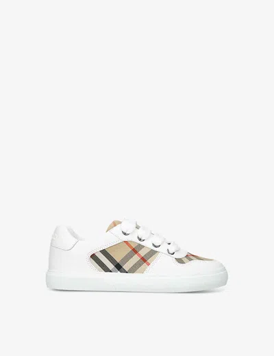 BURBERRY KIDS' NOAH CHECK-PRINT LEATHER LOW-TOP TRAINERS WINTER WHT EUR 32 / 13 UK