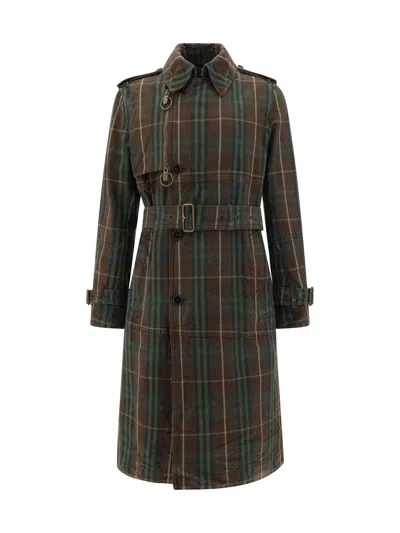 Burberry Vintage Effect Checked Trench Coat With Belt In Green