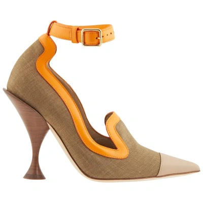Burberry Brecon Canvas And Leather Point-toe Court Pumps In Camel/orange/beige