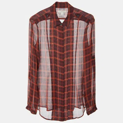 Pre-owned Burberry Brick Red Plaid Check Silk Crepe Pleated Shirt Xs