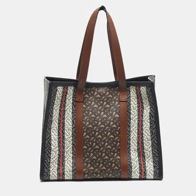 Pre-owned Burberry Bridle Brown Tb Coated Canvas Small East West Book Tote