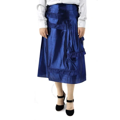 Burberry Bright Navy Ruffle Detail Lame Skirt