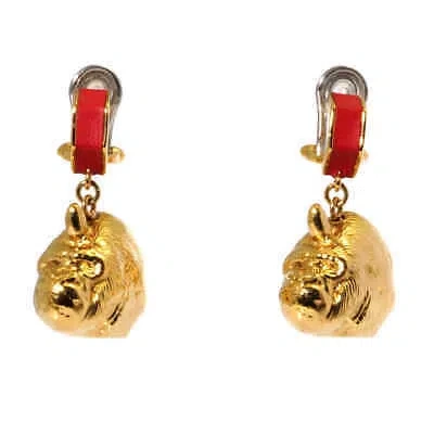Pre-owned Burberry Bright Red Light Gold Leather And Gold-plated Nut And Gorilla Earrings