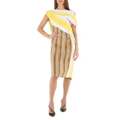 Pre-owned Burberry Bright Straw Graphic-print Boat Neck Asymmetric Dress In Check Description