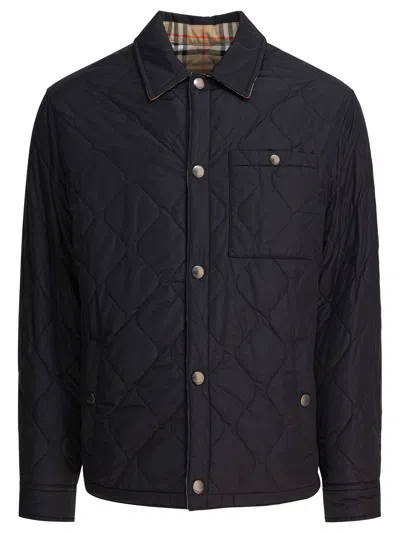 Burberry Quilted Black Coat With Classic Collar And Check Pattern Lining