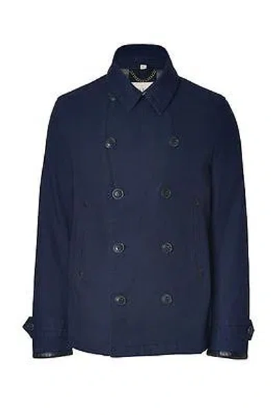 Pre-owned Burberry Brit $995 Mens Cotton Leather Trim Peacoat Jacket Coat Sz M In Blue
