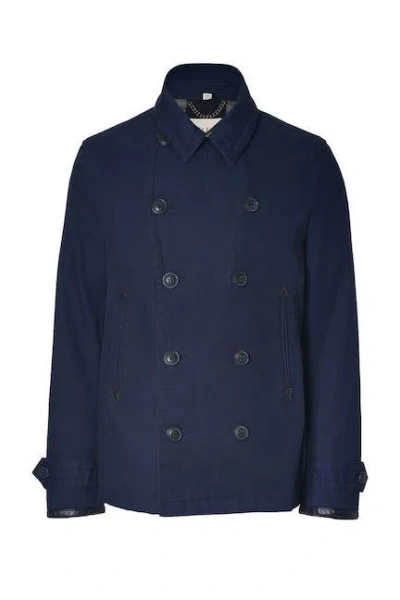 Pre-owned Burberry Brit $995 Mens Cotton Leather Trim Peacoat Jacket Coat Sz Xl In Blue