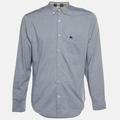 Pre-owned Burberry Brit Grey Chambray Button Down T-shirt L In Blue