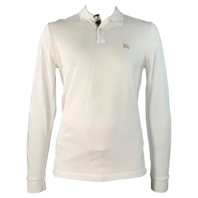 Pre-owned Burberry Brit Size L White Embroidery Cotton Pique Contrast Trim Long Sleeve Polo