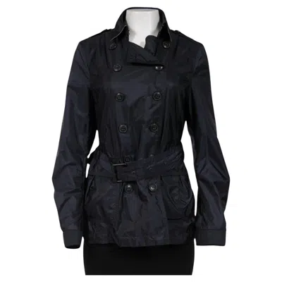 Pre-owned Burberry Brit Womens Double Breasted Nylon Windbreaker Sz Us 10 Dark Blue Jacket