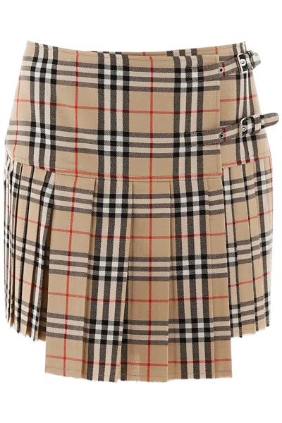 Burberry British Checkered Wool Miniskirt With Pleats And Wrap Closure In Multicolor