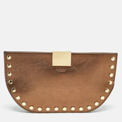 Pre-owned Burberry Bronze Leather Studded Olympia Clutch In Brown