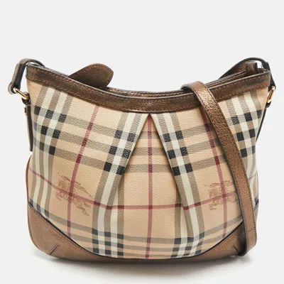 Pre-owned Burberry Bronze/beige Haymarket Check Pvc And Leather Hartham Crossbody Bag In Brown