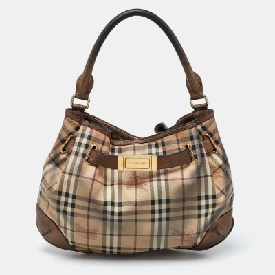 Pre-owned Burberry Bronze/beige Haymarket Check Pvc And Leather Medium Willenmore Hobo In Brown
