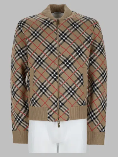 Burberry Checked Embroidered Bomber Jacket In Polyester-wool Blend In Brown