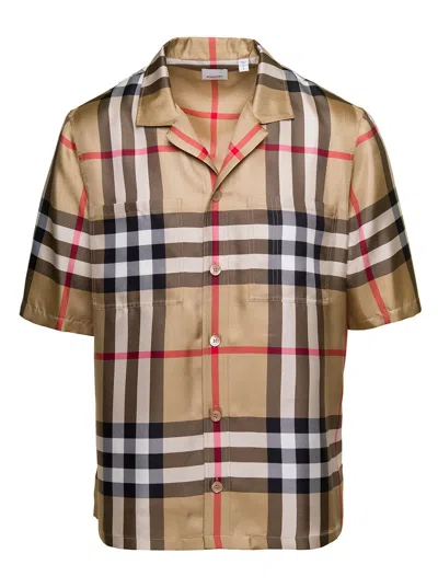 BURBERRY BURBERRY MEN BROWN BOWLING SHIRT WITH ALL-OVER CHECKERED PRINT IN SILK MAN