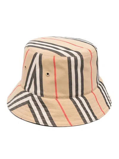Burberry Brown Bucket Hat With Icon Stripe Motif In Cotton In Archive Beige Blck