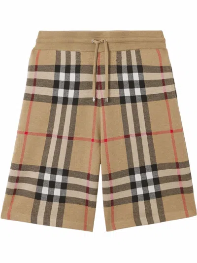 BURBERRY BROWN CHECK PRINT SILK AND WOOL SHORTS FOR MEN