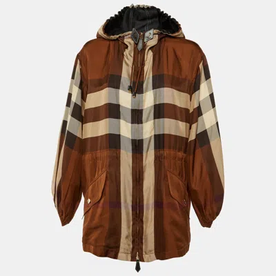 Pre-owned Burberry Brown Check Print Silk Zip Up Hooded Jacket M