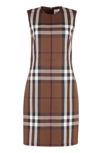 Burberry Sleeveless Midi Sheath Dress With Tartan Motif In Brown