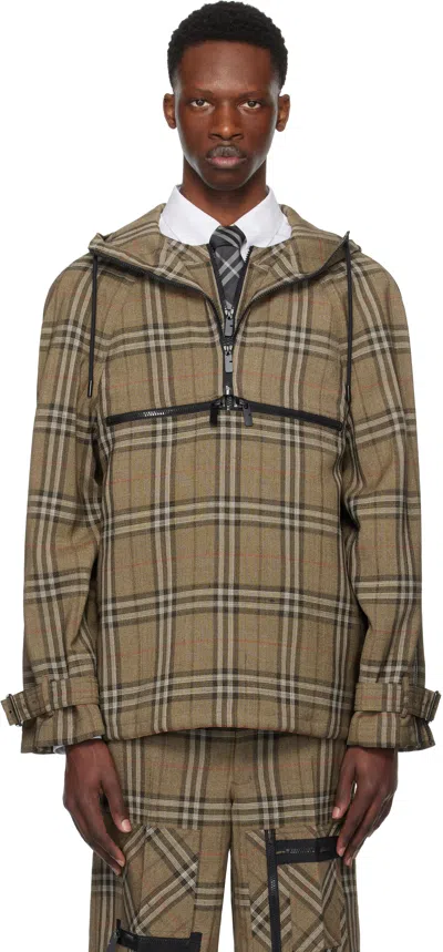 BURBERRY BROWN CHECK SILK BLEND HOODED JACKET