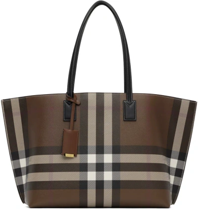 Burberry Checkered Design Tote Handbag For Women In Dark Birch Brown