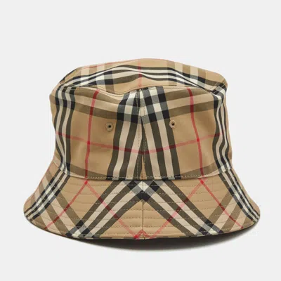 Pre-owned Burberry Brown Checks Cotton Blend Bucket Hat L In Sand