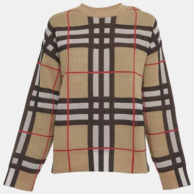 Pre-owned Burberry Brown Checks Cotton Knit Crewneck Sweatshirt L In Sand