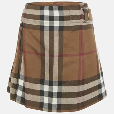 Pre-owned Burberry Brown Checks Wool Pleated Wrap Mini Skirt S
