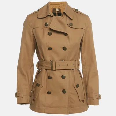 Pre-owned Burberry Brown Cotton Blend Leather Detail Short Trench Coat Xs