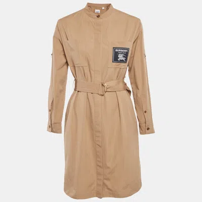 Pre-owned Burberry Brown Cotton Label Detail Button Front Belted Short Dress Xs