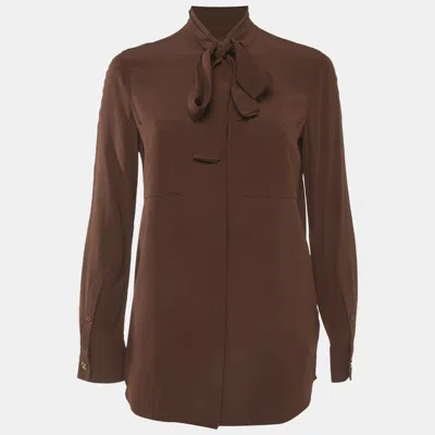 Pre-owned Burberry Brown Crepe Neck Tie Blouse Xs