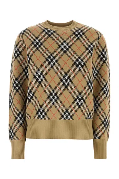 Burberry Wool Blend Sweater With Embroidered Check Pattern In Brown