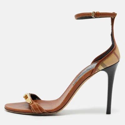 Pre-owned Burberry Brown House Check Canvas And Leather Ankle Strap Sandals Size 38