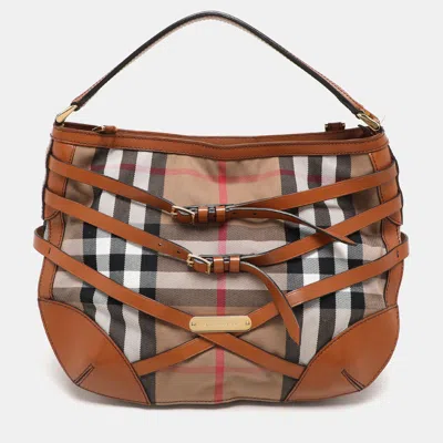 Pre-owned Burberry Brown House Check Canvas And Leather Small Bridle Dutton Hobo