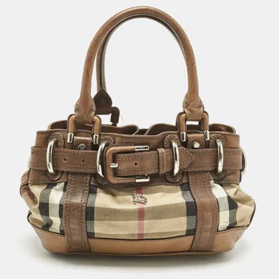Pre-owned Burberry Brown House Check Fabric And Leather Small Beaton Tote