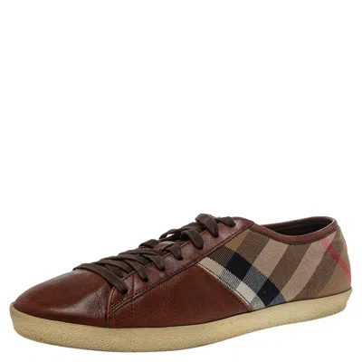 Pre-owned Burberry Brown Leather And Nova Check Canvas Low Top Sneakers Size 43