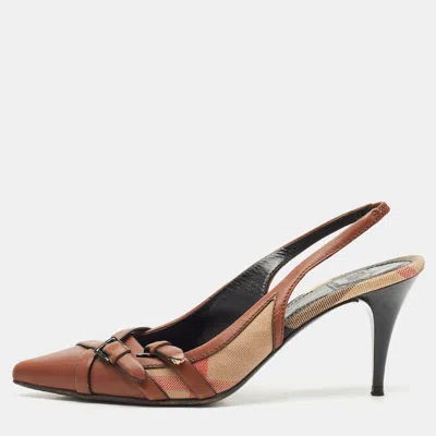 Pre-owned Burberry Brown Leather And Novacheck Buckle Slingback Sandals Size 39