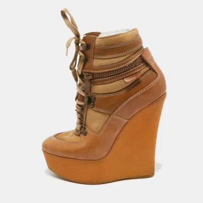 Pre-owned Burberry Brown Leather And Suede Rubber Ankle Boots Size 35