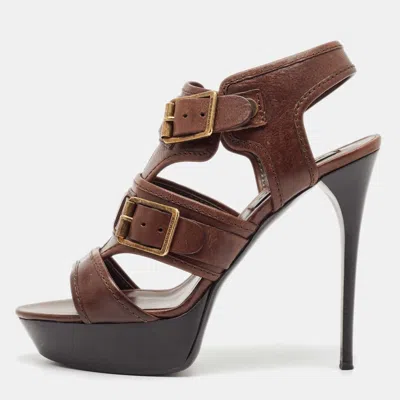 Pre-owned Burberry Brown Leather Aviator Beatty Platform Sandals Size 40