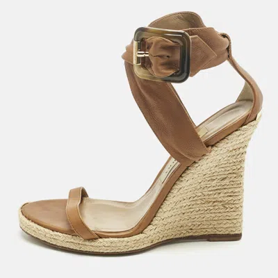 Pre-owned Burberry Brown Leather Catsbrook Espadrille Wedge Sandals Size 38