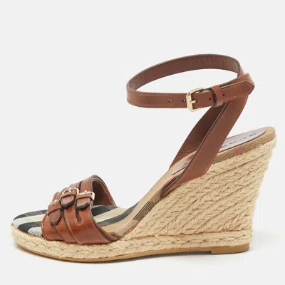 Pre-owned Burberry Brown Leather Nova Check Wedge Sandals Size 38